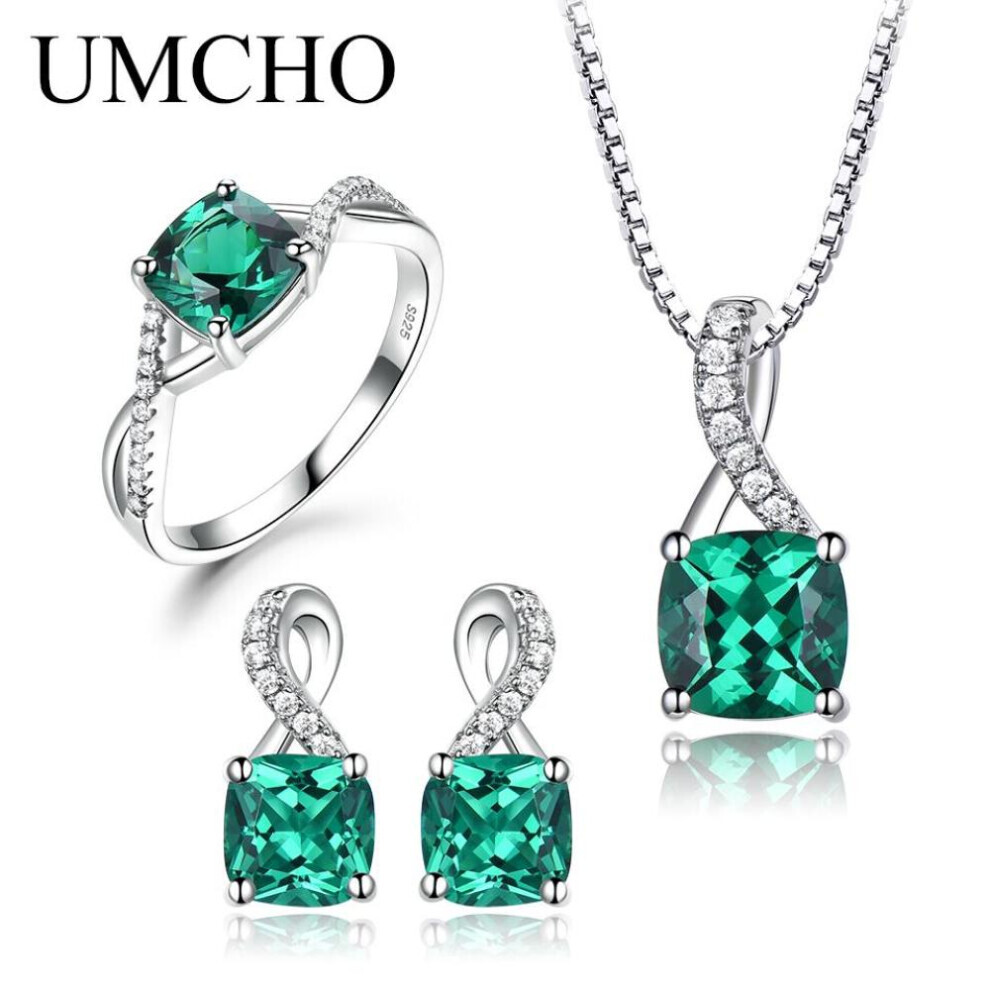 Maxpower (Emerald, 7) Umcho Gemstone Emerald Ring Pendant Stud Earrings 925 Sterling Silver Jewelry Set Green,Silver