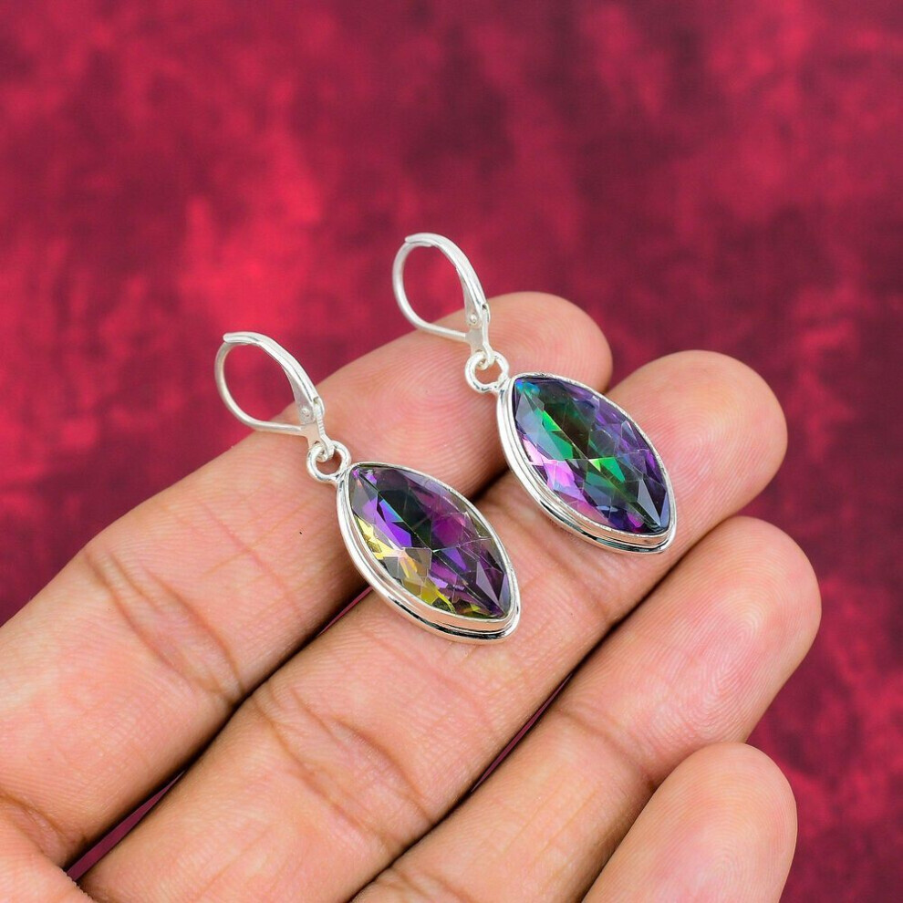 Maxpower (White, 1.97 Inches) Mystic Topaz 925 Solid Sterling Silver Earrings, Handmade Gemstone Jewelry Earrings, For Memorial Day White,Silver