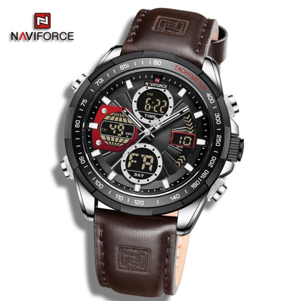 (Black And Brown, 260mm) Naviforce NF9197L Doul Display Men&apos;s Watches Quartz Waterproof LED Digital Electronic Luxury WristWatch For Gift