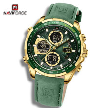 (Gold And Green, 260mm) Naviforce NF9197L Doul Display Men's Watches Quartz Waterproof LED Digital Electronic Luxury WristWatch For Gift