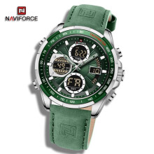 (Silver And Green, 260mm) Naviforce NF9197L Doul Display Men's Watches Quartz Waterproof LED Digital Electronic Luxury WristWatch For Gift