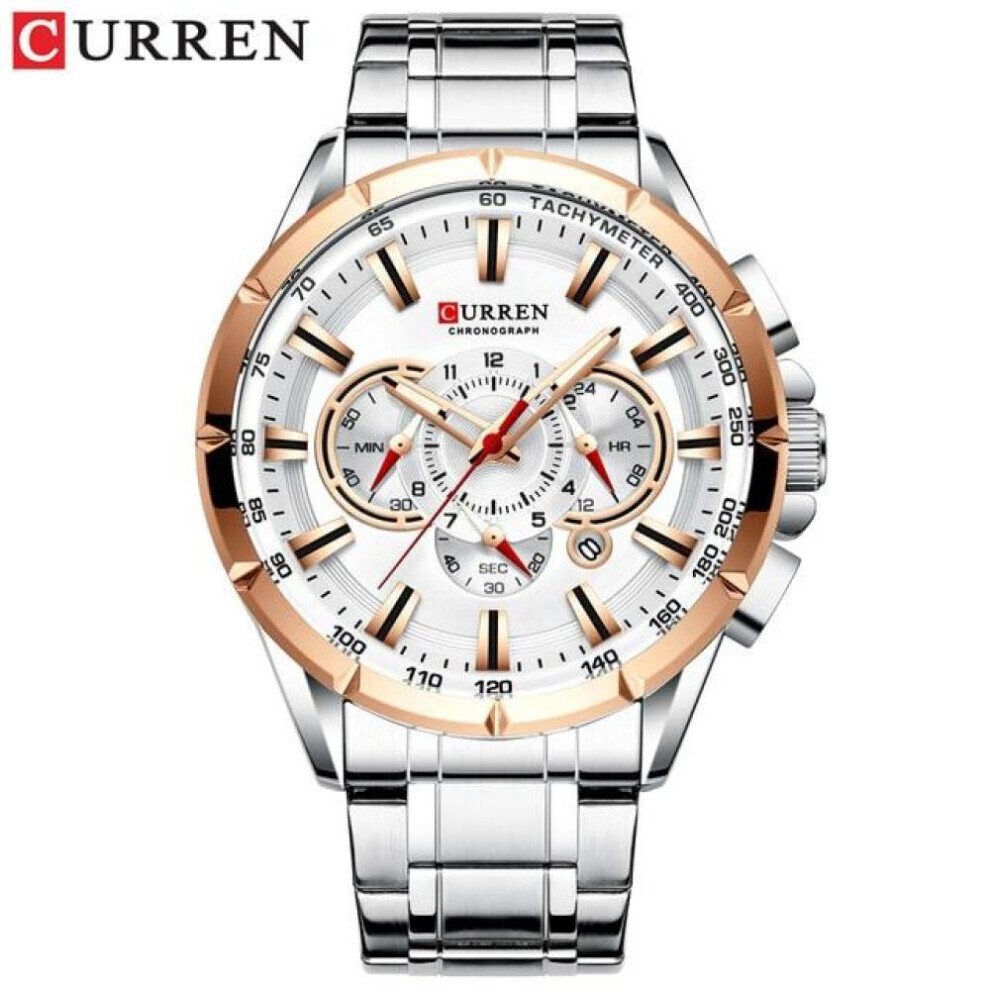 Maxpower (White) Curren New Causal Sport Chronograph Men's Watches Stainless Steel Band Wristwatch Big Dial Quartz Clock With Luminous Pointers 8363 White