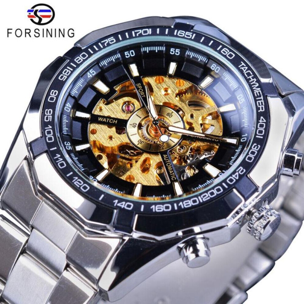 (gold,ivory) Forsining Stainless Steel Waterproof  Mens Skeleton Watches Top Brand Luxury Transparent Mechanical Sport Male Wrist Watches