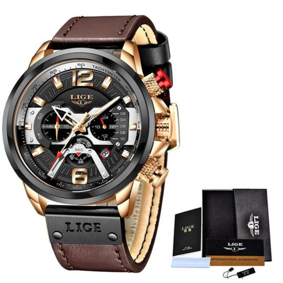 (Gold Black) 2021 LIGE Men Watches Top Brand Luxury Blue Leather Chronograph Sports Watch For Men Fashion Date Waterproof Clock Reloj Hombre