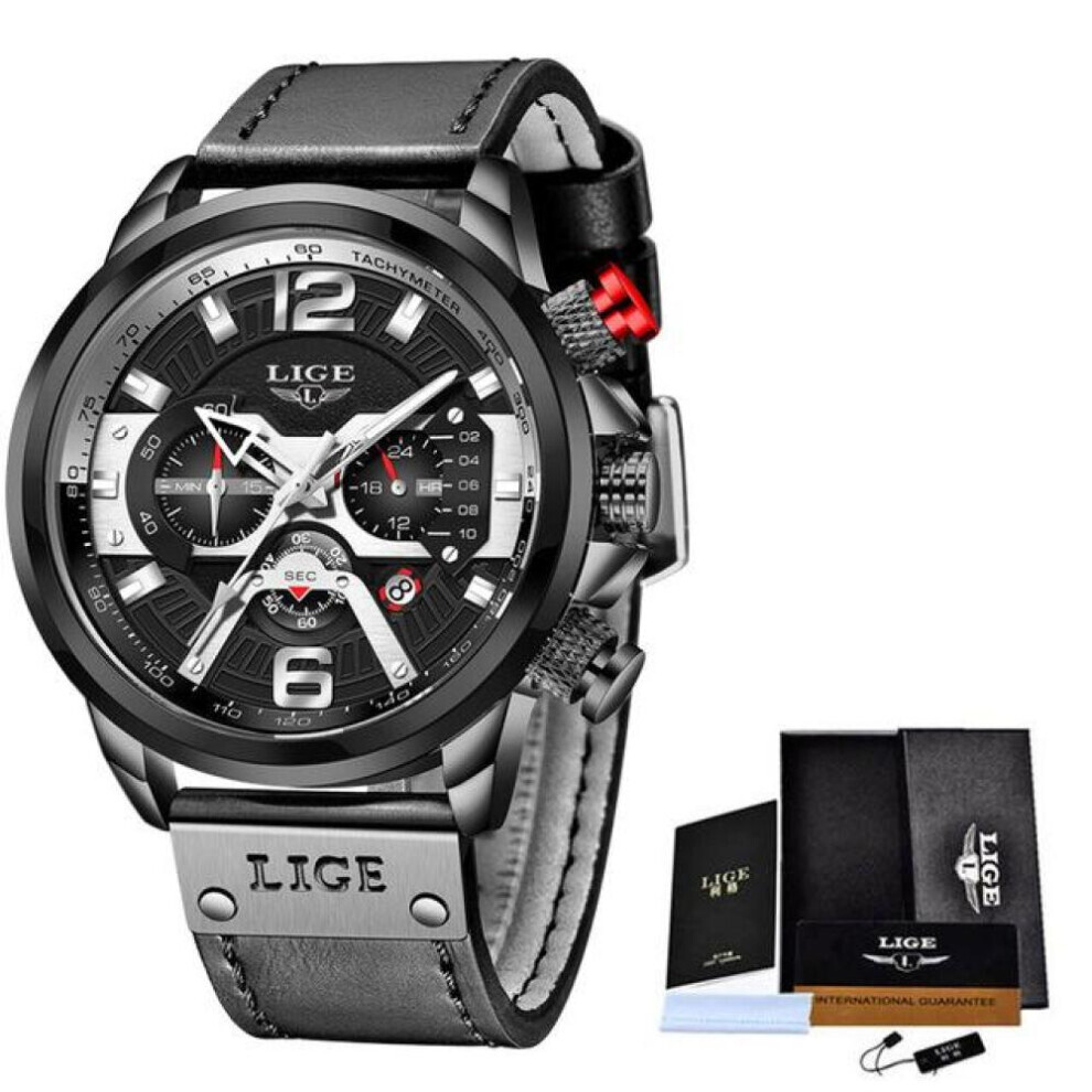 (Black) 2021 LIGE Men Watches Top Brand Luxury Blue Leather Chronograph Sports Watch For Men Fashion Date Waterproof Clock Reloj Hombre