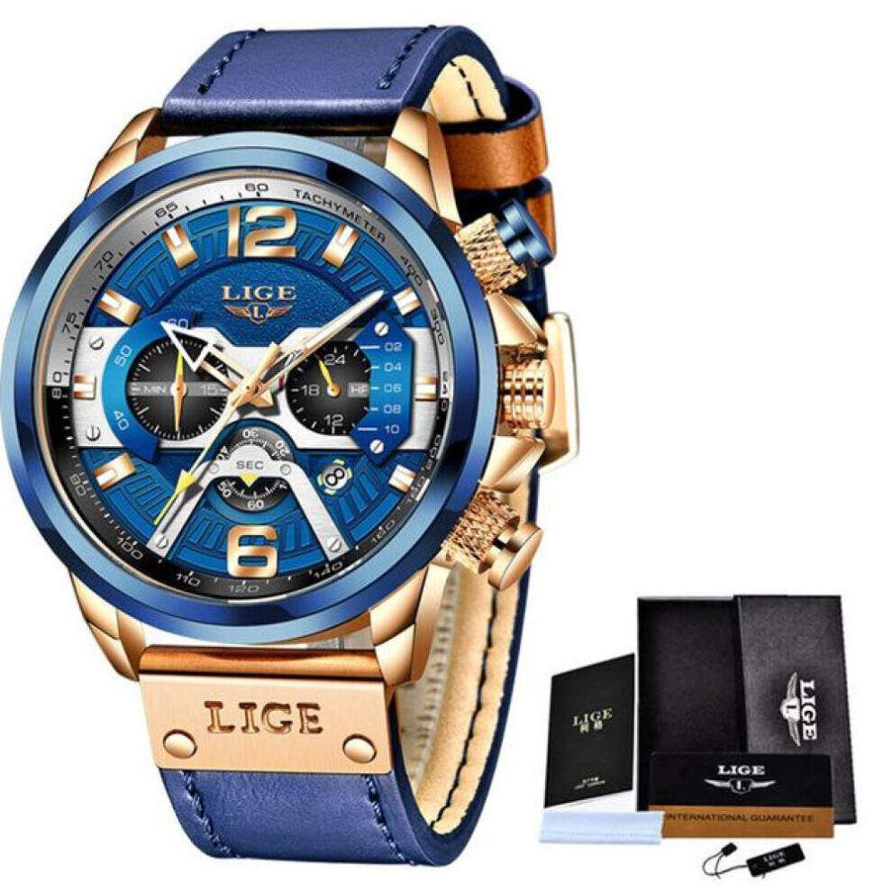 (Gold Blue) 2021 LIGE Men Watches Top Brand Luxury Blue Leather Chronograph Sports Watch For Men Fashion Date Waterproof Clock Reloj Hombre