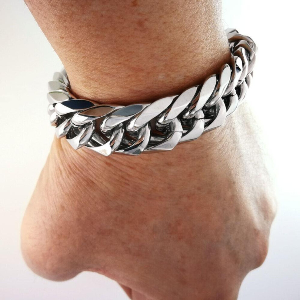 (as the picture, 24cm) Stainless Steel 16mm Width Silver Color Cuban Link Bracelet Bangle Jewelry For Men Boy Gift