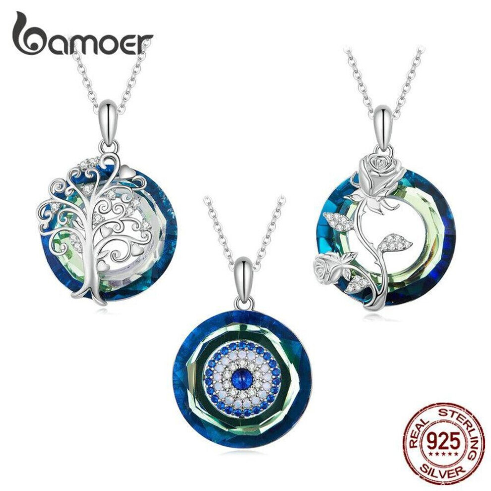 (Tree of Life) Bamoer 925 Sterling Silver Angel Ring Devil&apos;s Eye Pendant Necklace Tree Of Life Neck Chain For Women Platinum Plated Jewelry