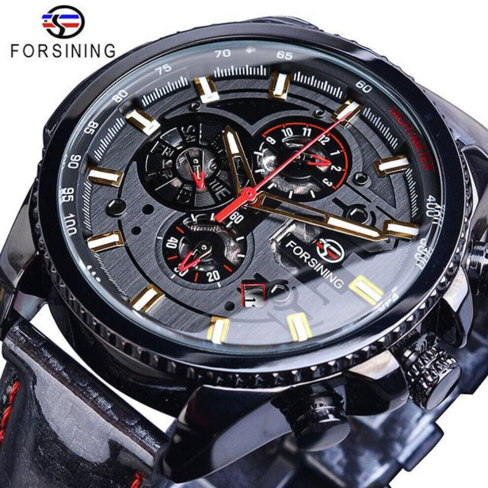 Maxpower (Black) Forsining2022 New Three-Disc Sports Automatic Mechanical Strap Calendar Men's Top Watch Light Stainless Steel Watch Pu Strap Watch Black