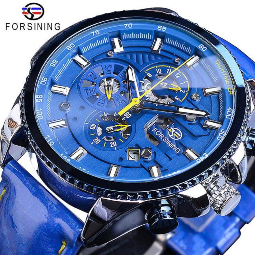 Maxpower (Blue) Forsining2022 New Three-Disc Sports Automatic Mechanical Strap Calendar Men's Top Watch Light Black Stainless Steel Watch Pu Strap Watch Blue,Black