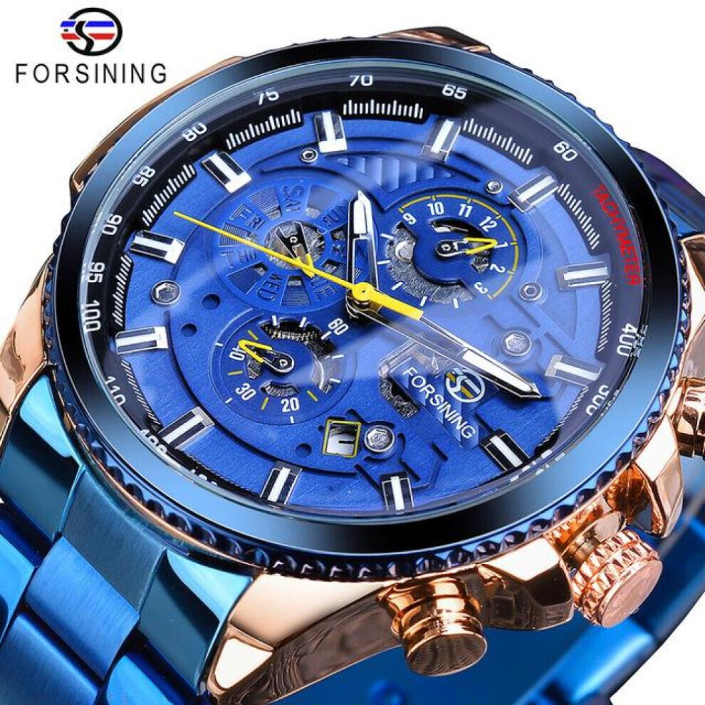 Maxpower (Blue-Green) Forsining2022 New Three-Disc Sports Automatic Mechanical Strap Calendar Men's Top Watch Light Stainless Steel Watch Pu Strap W Black