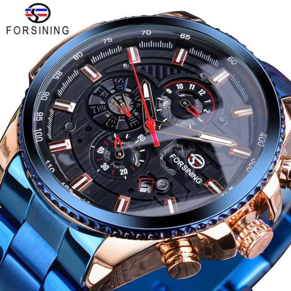 Maxpower (Blueberry) Forsining2022 New Three-Disc Sports Automatic Mechanical Strap Calendar Men's Top Watch Light Stainless Steel Watch Pu Strap Wa Black
