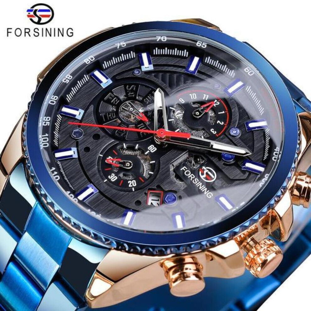 Maxpower (Bluebonnet) Forsining2022 New Three-Disc Sports Automatic Mechanical Strap Calendar Men's Top Watch Light Stainless Steel Watch Pu Strap W Black