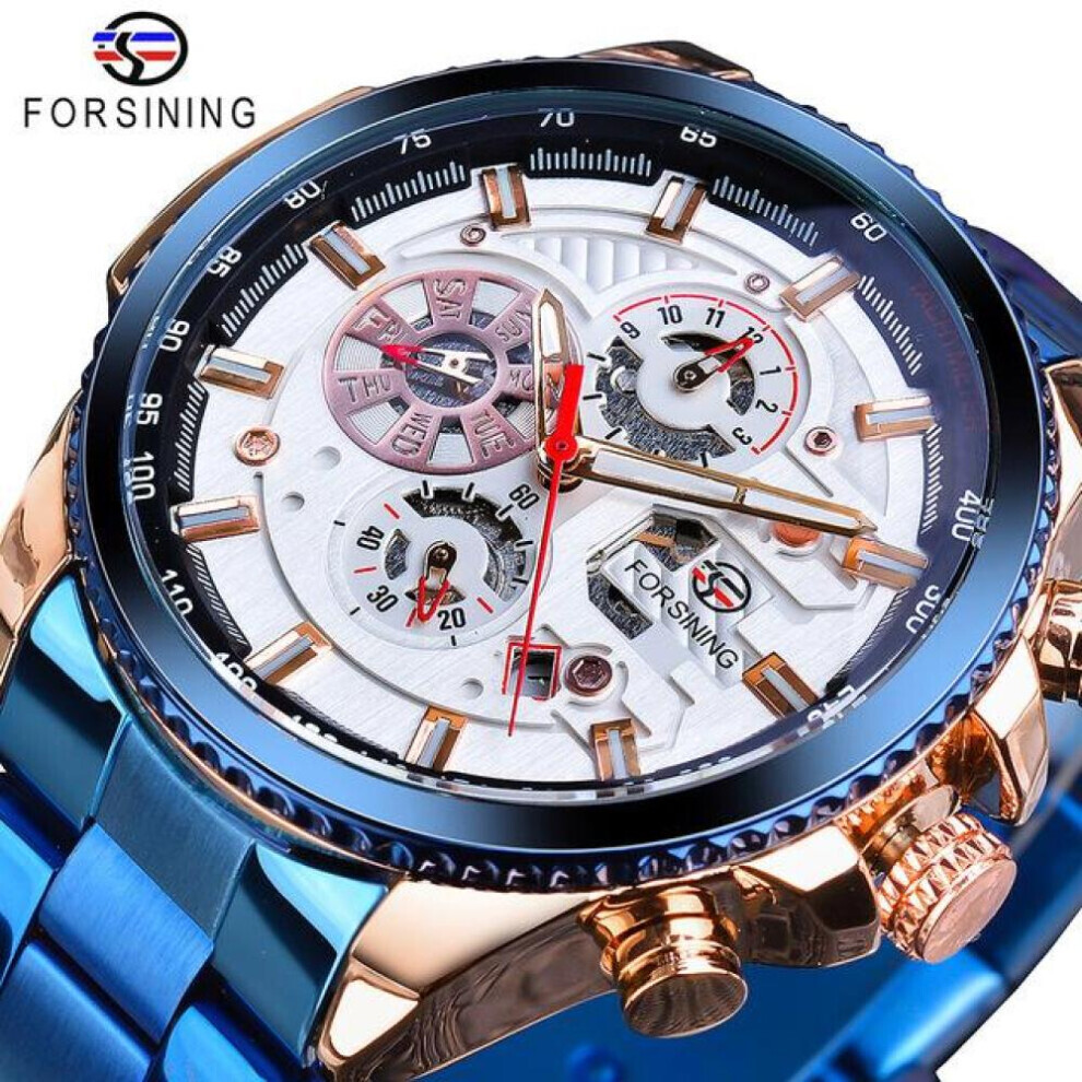 Maxpower (Bright Cerulean) Forsining2022 New Three-Disc Sports Automatic Mechanical Strap Calendar Men's Top Watch Light Black Stainless Steel Watch Pu St