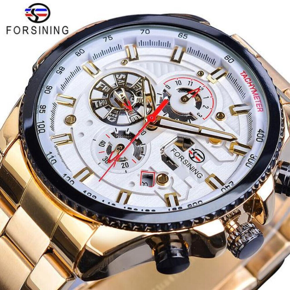 Maxpower (Champagne) Forsining2022 New Three-Disc Sports Automatic Mechanical Strap Calendar Men's Top Watch Light Stainless Steel Watch Pu Strap Wa Black