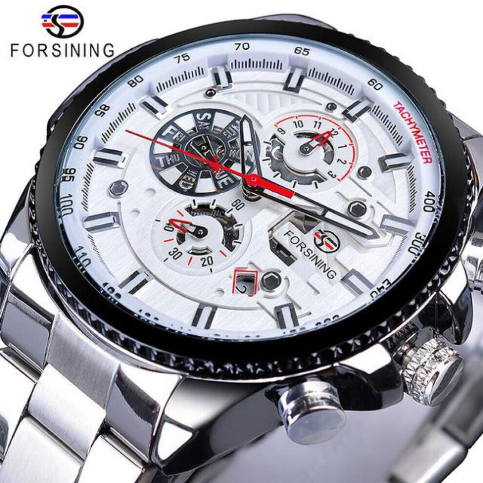 (floral white) Forsining2022 New Three-disc Sports Automatic Mechanical Strap Calendar Men&apos;s Top Watch Light Black Stainless Steel Watch Pu Strap-image-OPC-PG8K7F2-NEW