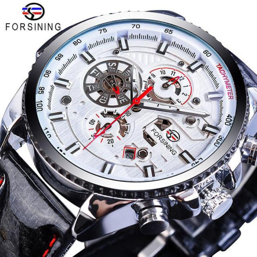 Maxpower (Ivory) Forsining2022 New Three-Disc Sports Automatic Mechanical Strap Calendar Men's Top Watch Light Black Stainless Steel Watch Pu Strap Watch