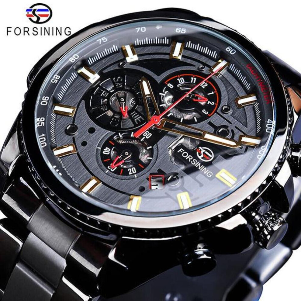 Maxpower (Jet) Forsining2022 New Three-Disc Sports Automatic Mechanical Strap Calendar Men's Top Watch Light Black Stainless Steel Watch Pu Strap Watch