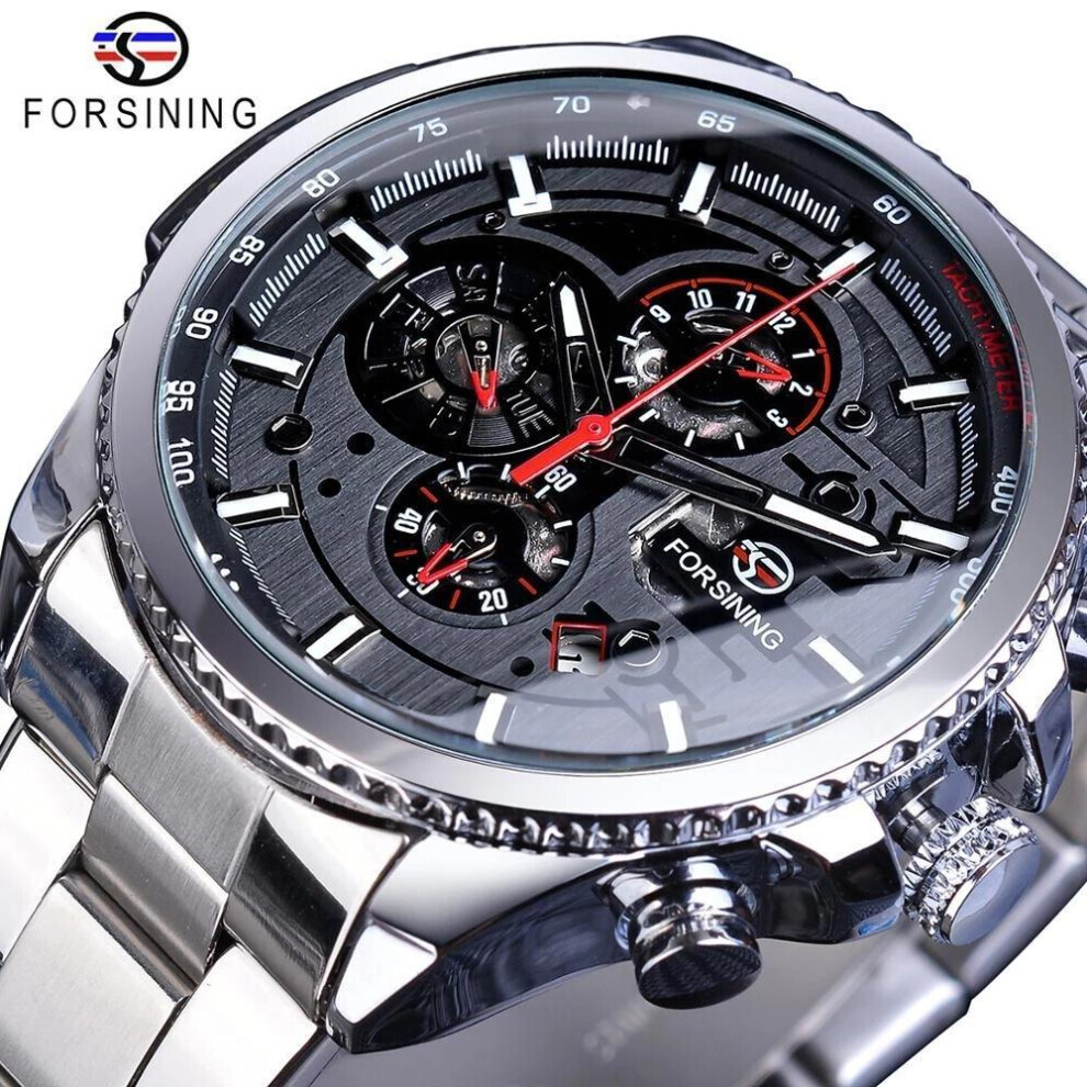 Maxpower (Licorice) Forsining2022 New Three-Disc Sports Automatic Mechanical Strap Calendar Men's Top Watch Light Black Stainless Steel Watch Pu Strap Wat