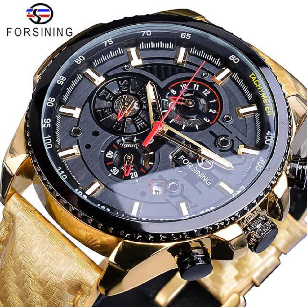 Maxpower (Orange) Forsining2022 New Three-Disc Sports Automatic Mechanical Strap Calendar Men's Top Watch Light Black Stainless Steel Watch Pu Strap Watch Orange,Black