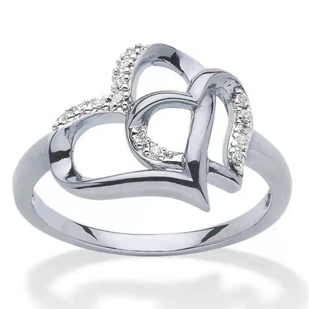 (silver, 11) 1pc Double Heart Hollow Love Proposal Artificial Diamond Ring For Men And Women Couple Ring Jewelry Gift
