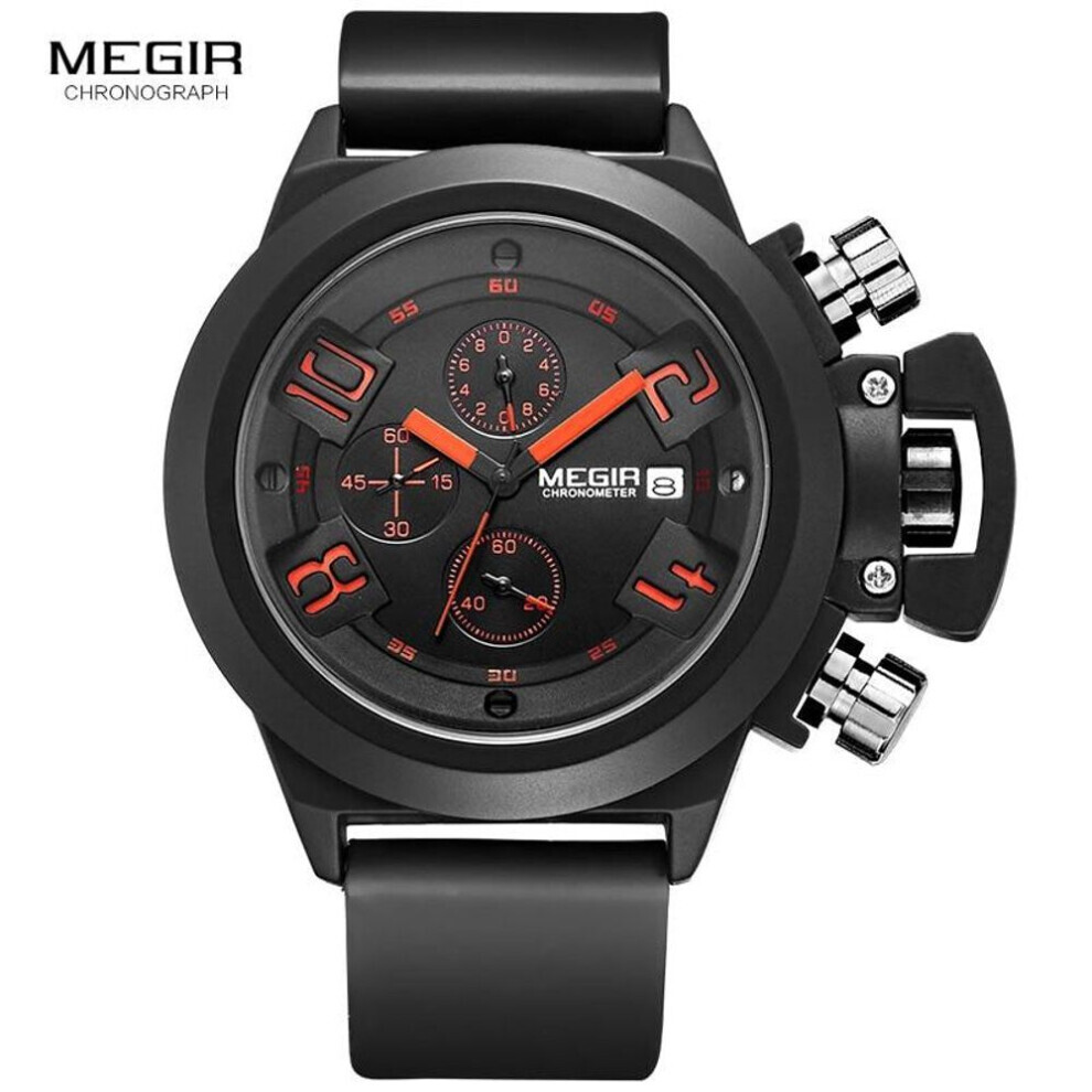 (black) Megir Fashion Mens Silicone Band Sport Quartz Wrist Watches Analog Display Chronograph Black Watch For Man With Calendar 2002