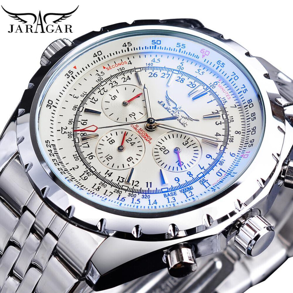 Maxpower (White) Jaragar Blue Glass Design Automatic Watch Stainless Steel Date Clock Luminous Men Business Mechanical Wristwatch