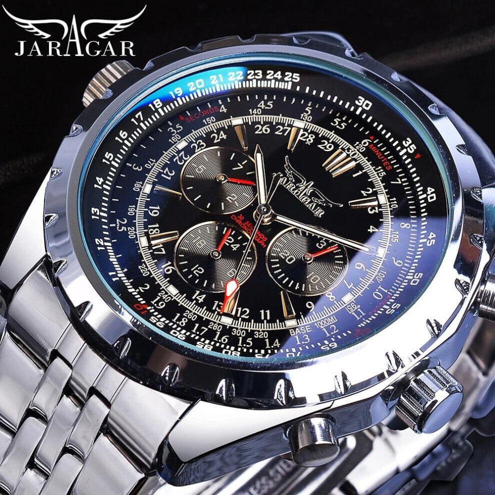 Maxpower (Black) Jaragar Blue Glass Design Automatic Watch Stainless Steel Date Clock Luminous Men Business Mechanical Wristwatch