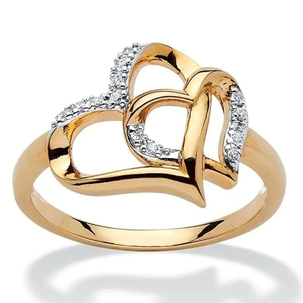 (gold, 10) 1pc Double Heart Hollow Love Proposal Artificial Diamond Ring For Men And Women Couple Ring Jewelry Gift