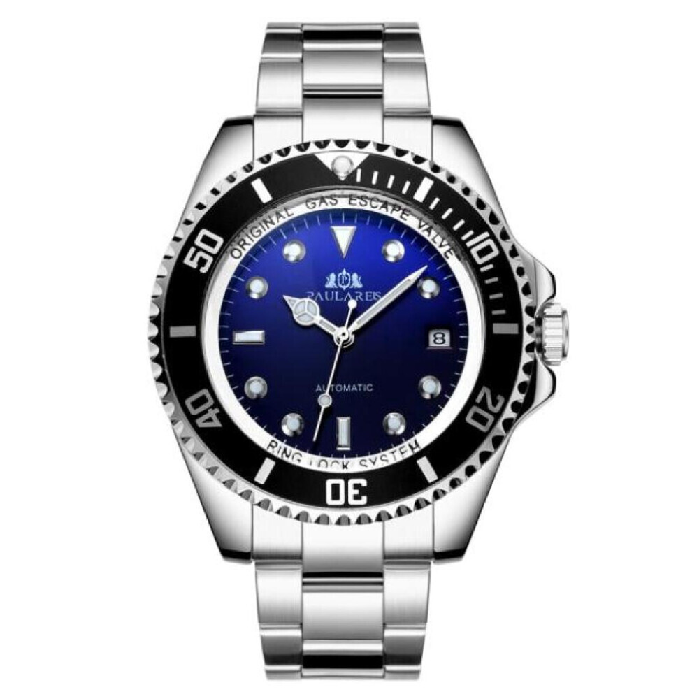 (black,blue) Paulareis Automatic Self Wind Mechanical Stainless Steel Strap Gold Silver Gradient Black Blue Dial Date Business Men Watch