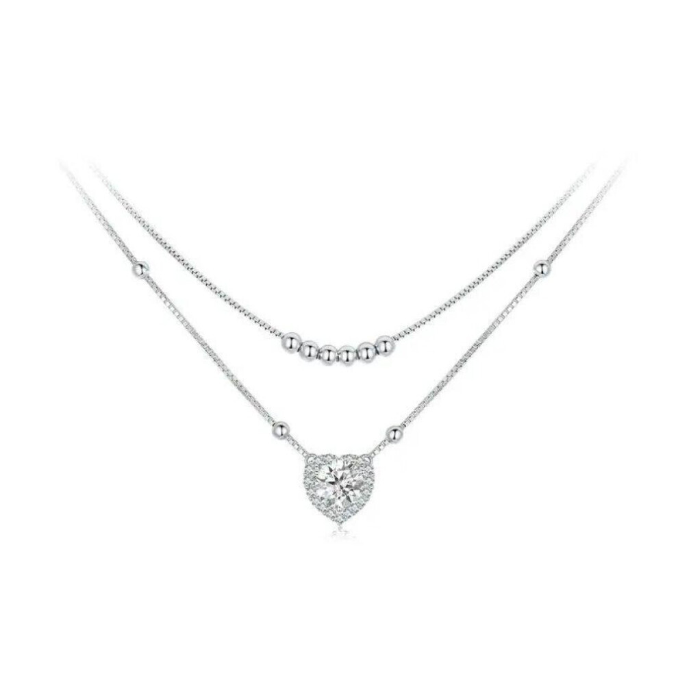 (MSN033) Bamoer 925 Sterling Silver Halo Heart Moissanite Pendant Necklace Double-layer Necklace For Women Valentine&apos;s Day Gift