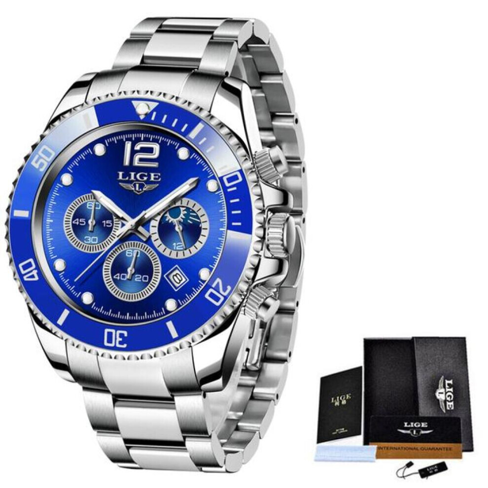 (Silver Blue) LIGE  Mens Watches Top Brand Luxury Clock Casual Stainless Steel 24 Hour Moon Phase Men Watch Sport Waterproof Quartz Chronograph