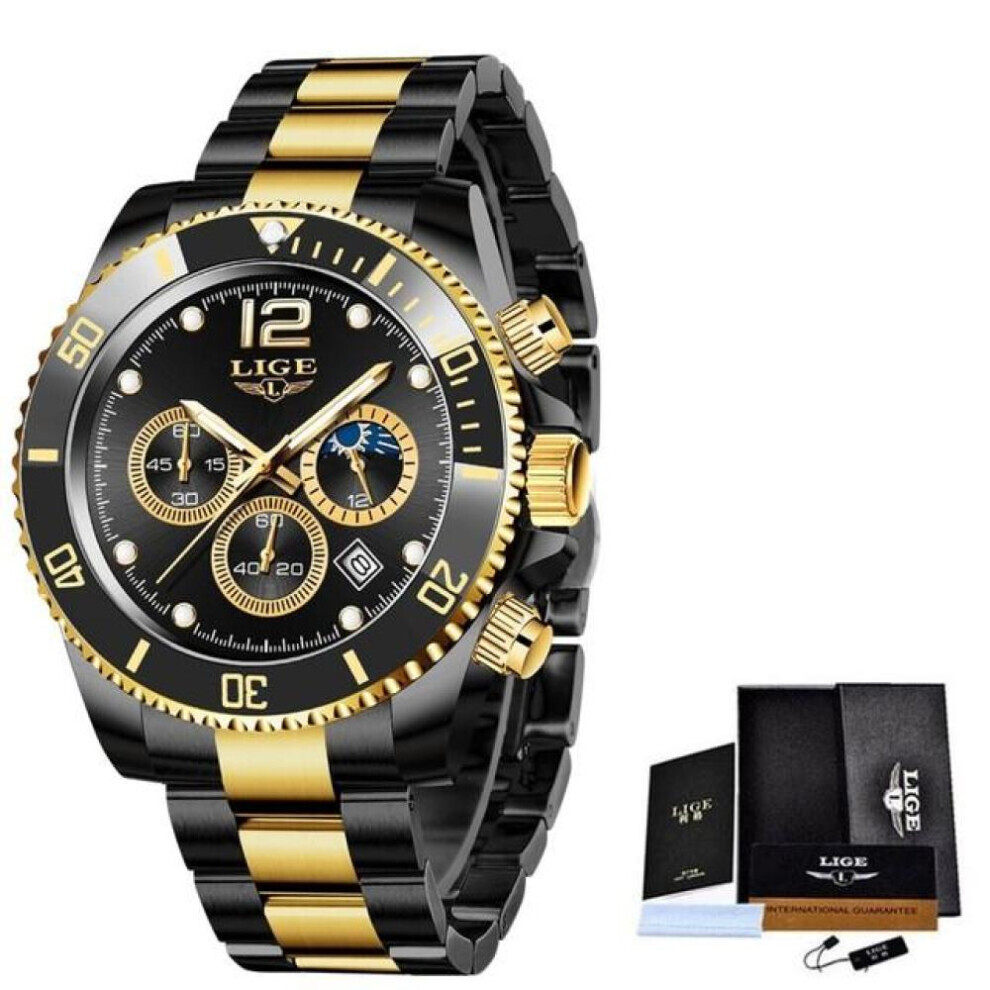Maxpower (Black Gold) Lige Mens Watches Top Brand Luxury Clock Casual Stainless Steel 24 Hour Moon Phase Men Watch Sport Waterproof Quartz Chronograph