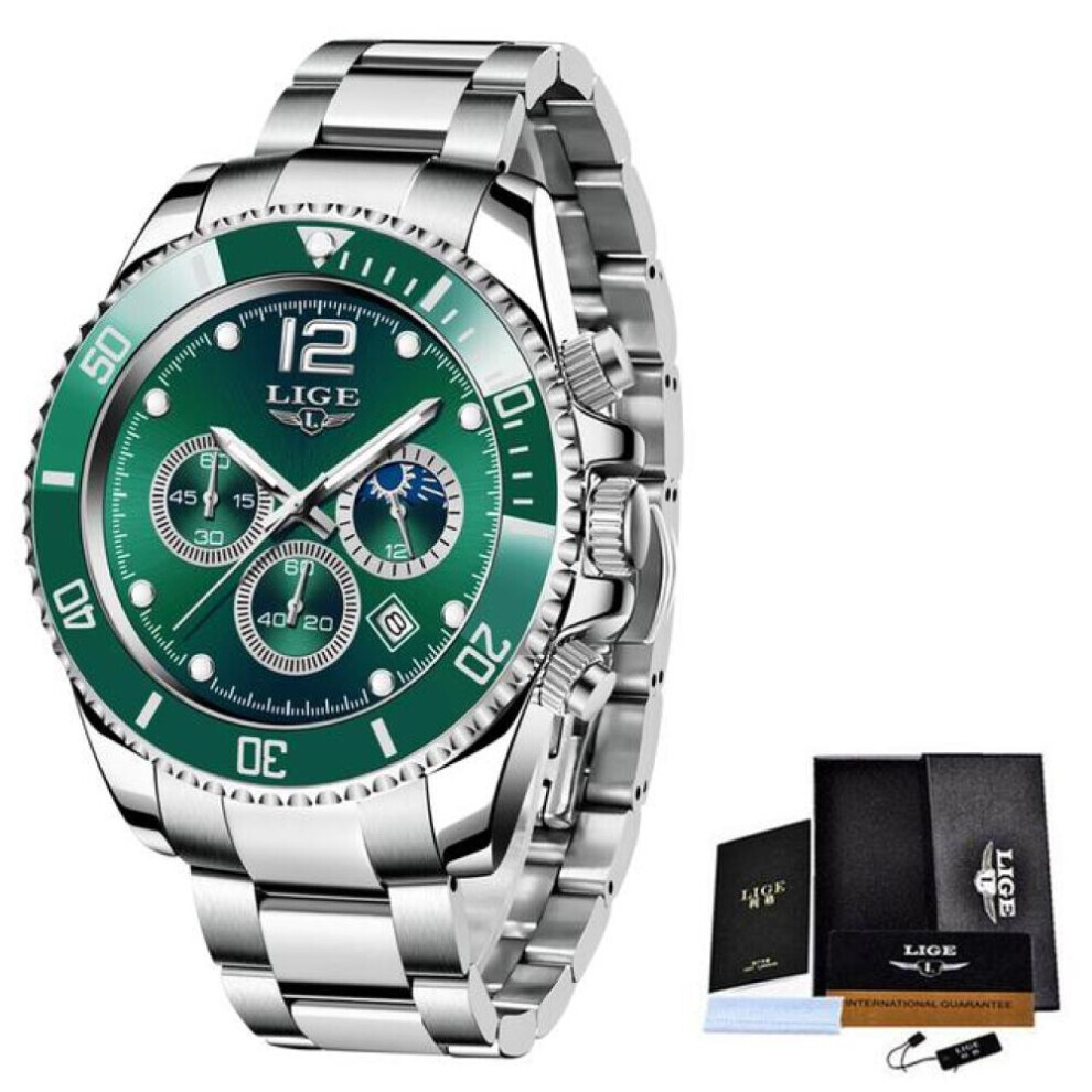(Silver Green) LIGE  Mens Watches Top Brand Luxury Clock Casual Stainless Steel 24 Hour Moon Phase Men Watch Sport Waterproof Quartz Chronograph