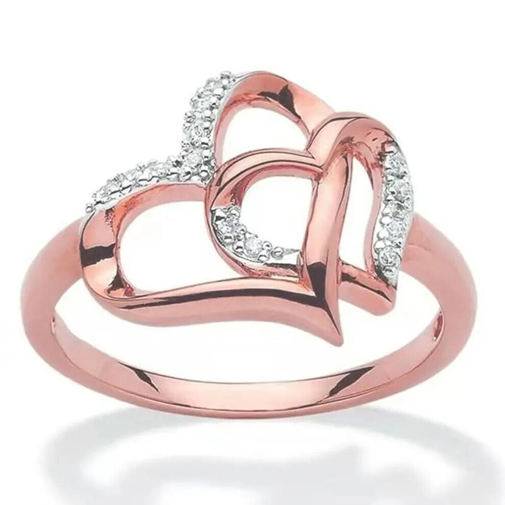 (rose gold, 8) 1pc Double Heart Hollow Love Proposal Artificial Diamond Ring For Men And Women Couple Ring Jewelry Gift