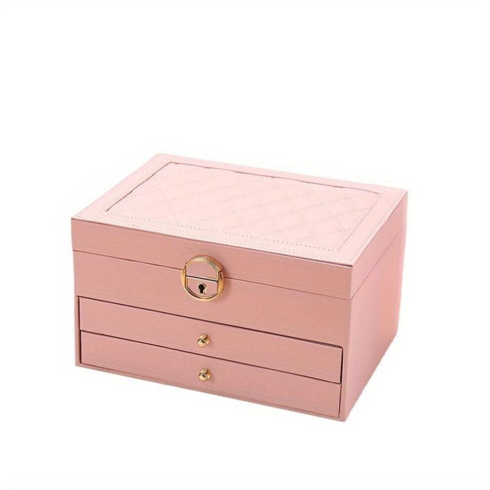 (pink, 9.06*6.69*5.31inch) 3-layer Drawer Type Jewelry Storage Box, Desktop Lockable Finishing Storage Container For Jewelry Earrings Rings Necklaces Bracelets Pendants