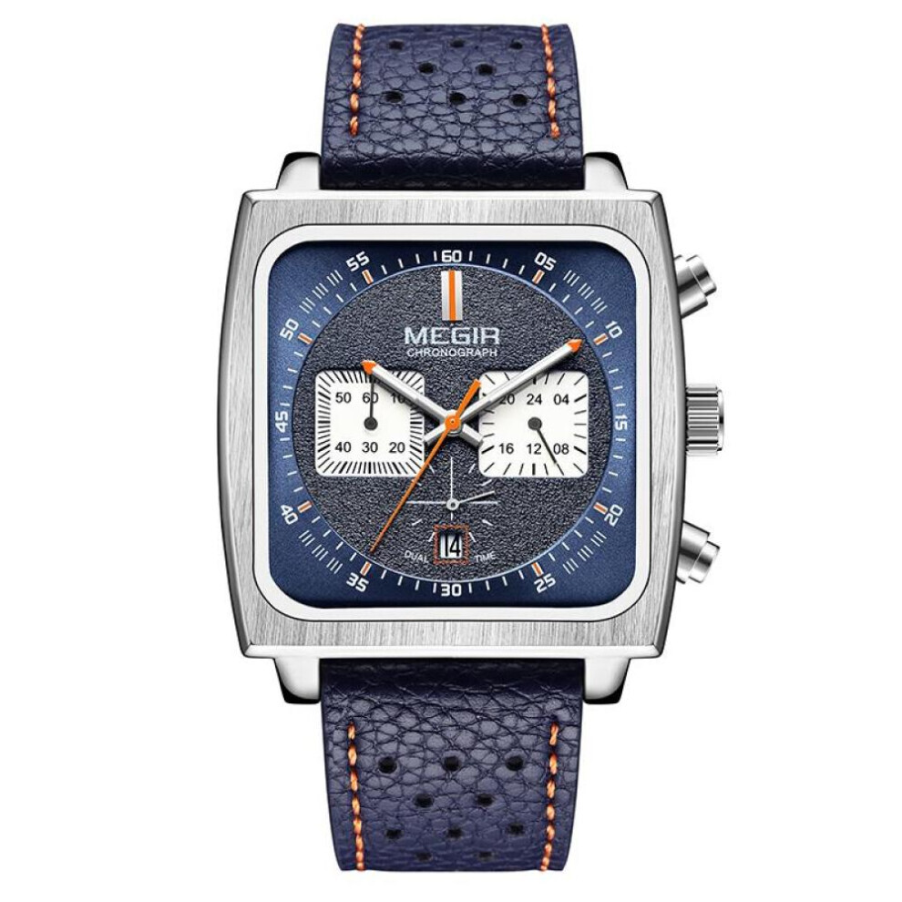 Maxpower (Blue) Megir Men's Rectangle Business Work Analogue Quartz Chronograph Luminous Sport Wrist Watch With Leather Strap Ml2182g Blue