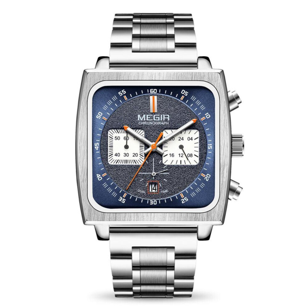 Maxpower (Silver Blue) Megir Men's Rectangle Business Work Analogue Quartz Chronograph Luminous Sport Wrist Watch With Leather Strap Ml2182g Blue,Silver