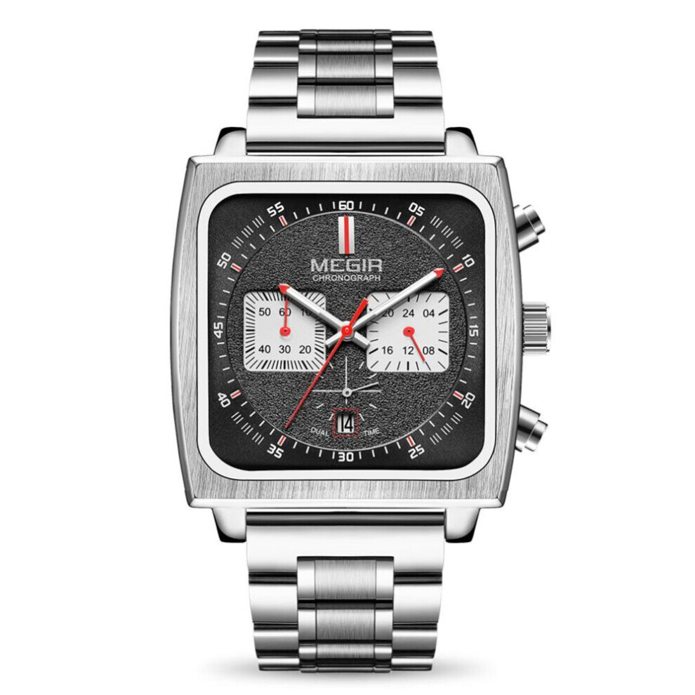 Maxpower (Silver Black) Megir Men's Rectangle Business Work Analogue Quartz Chronograph Luminous Sport Wrist Watch With Leather Strap Ml2182g Black,Silver