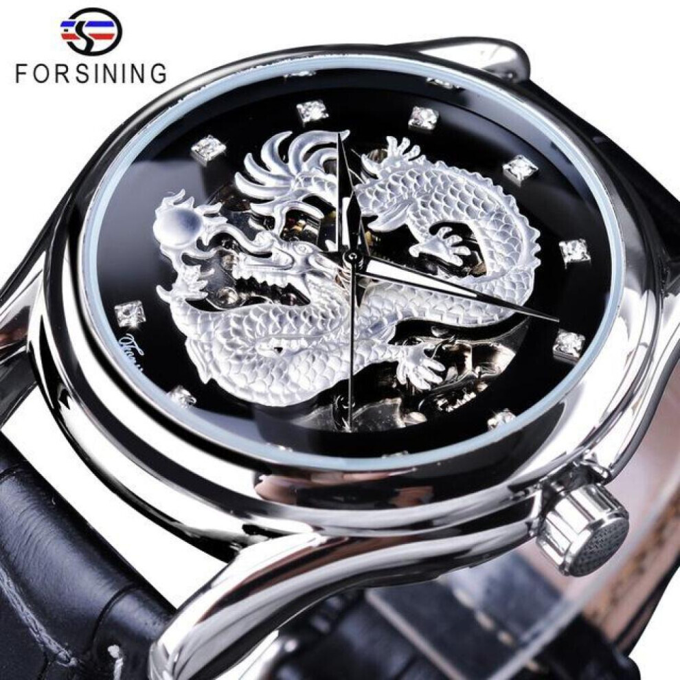 Maxpower (White,Black) Forsining Chinese Dragon Design Diamond Dial Men Watch Luminous Hands Brand Luxury Mechanical Watch