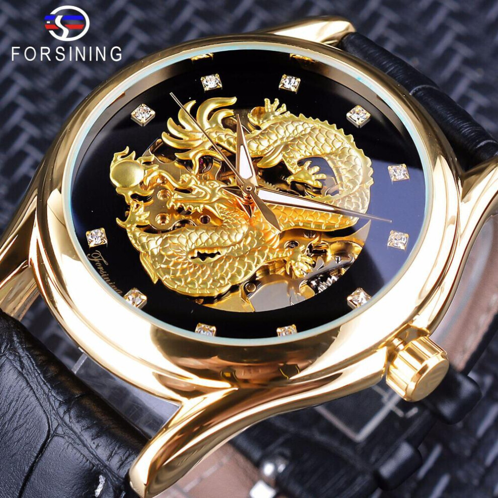 Maxpower (Black,Gold) Forsining Chinese Dragon Design Diamond Dial Men Watch Luminous Hands Brand Luxury Mechanical Watch
