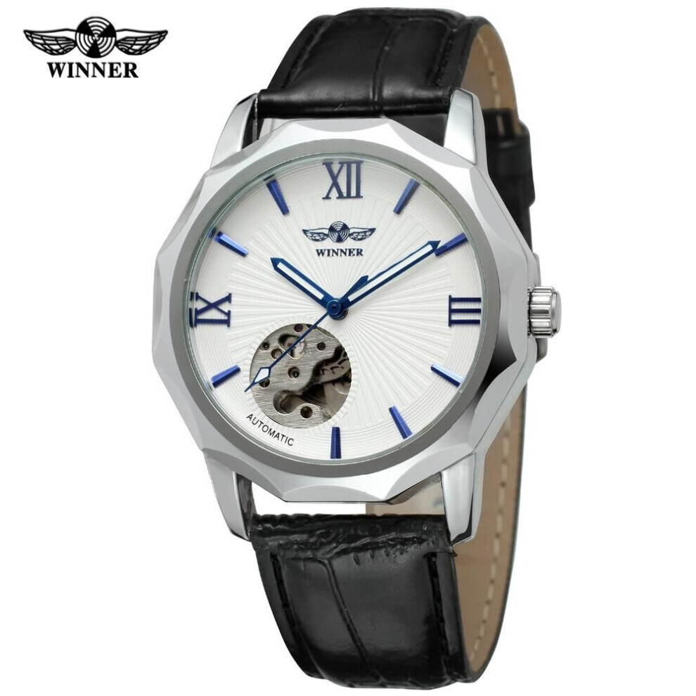 (white) Winner Men&apos;s Fashion Casual Hollow Vintage Fully Automatic Mechanical Watch