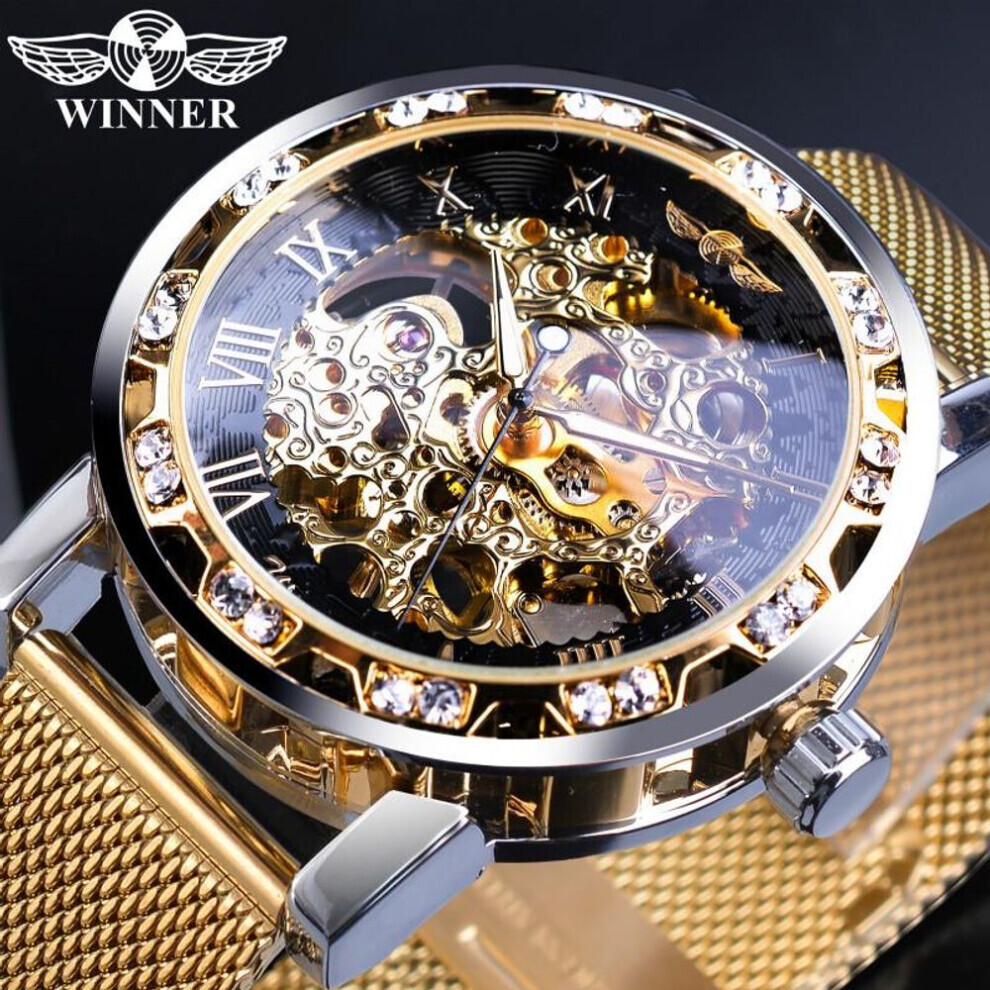 (yellow) Winner Golden  Watches Men Skeleton Mechanical Watch Crystal Mesh Slim Stainless Steel Band Top Brand Luxury Hand Wind Wristwatch Business Watch
