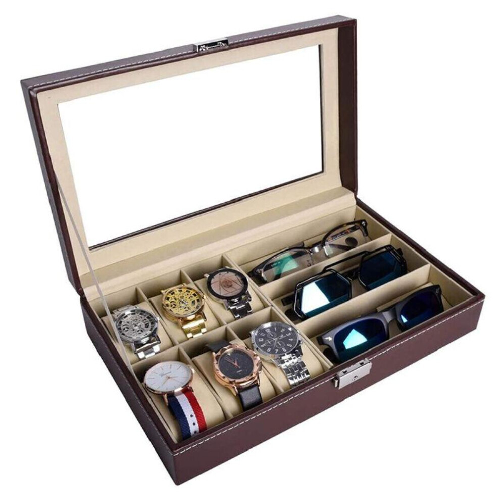 (brown) Grids Pu Leather/carbon Fiber Watch Box Case Sunglasses Organizer Jewelry Collection Storage Display Container Holder
