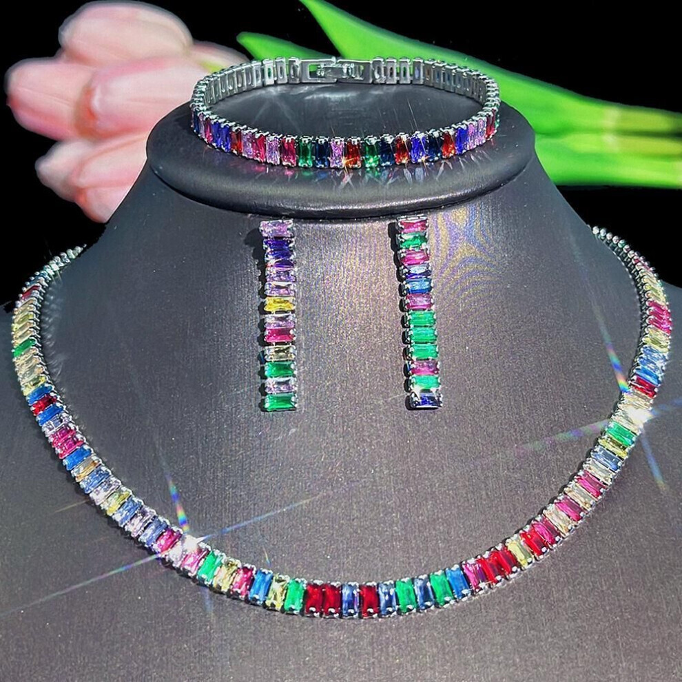 Maxpower (Silver) Cmm Dazzling Multicolor Cubic Zirconia Rectangle Shape White Golden Color Chain Link Necklace White,Silver
