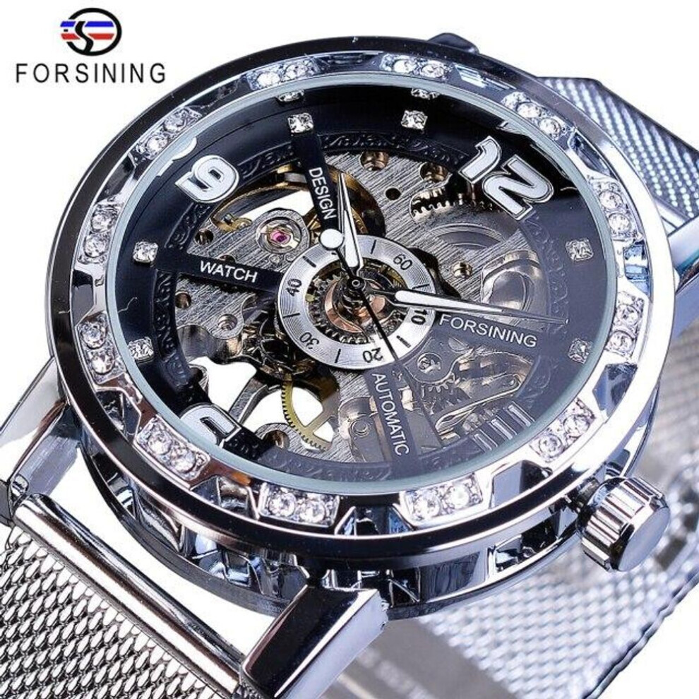 Maxpower (Silver) Forsining Golden Skeleton Mechanical Watch Stainless Steel Mesh Band Luminous Hand Men Watches Sport Business Wristwatch
