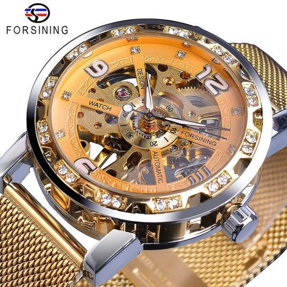 (gold) Forsining Golden Skeleton Mechanical Watch Stainless Steel Mesh Band Luminous Hand Men Watches Sport Business Wristwatch