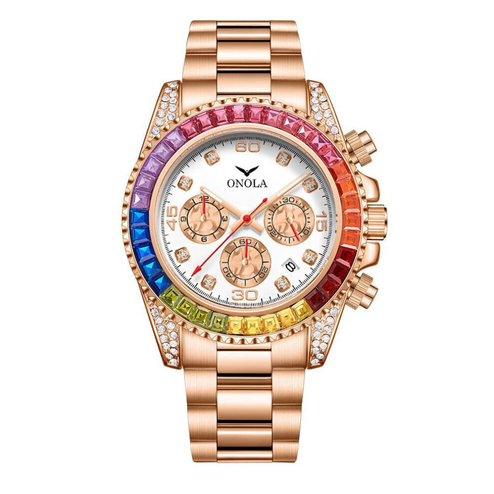(rose gold,white) Fashion Rose Gold Business Men&apos;s Watch Rainbow Diamond Watch Ring Waterproof Solid Stainless Steel Strap Men Quartz Watch Chronograph