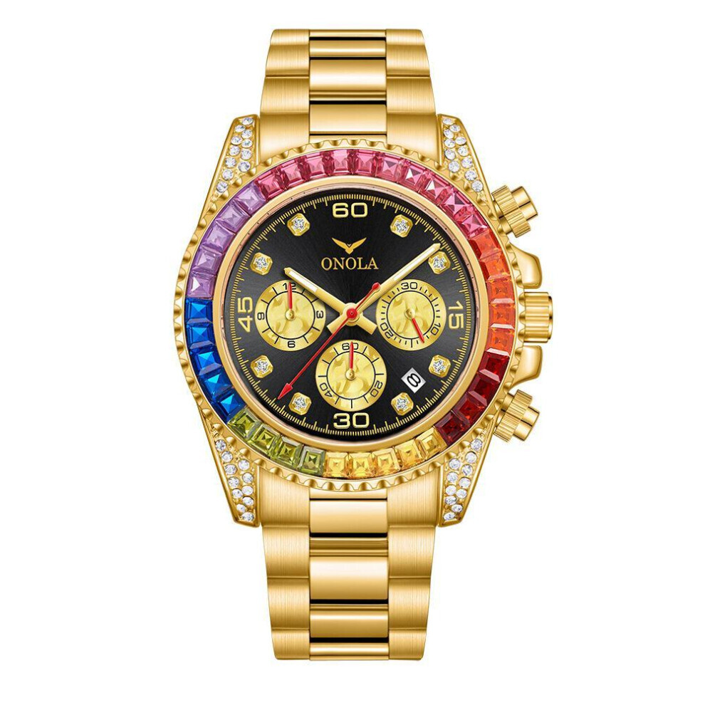 (gold,black) Fashion Rose Gold Business Men&apos;s Watch Rainbow Diamond Watch Ring Waterproof Solid Stainless Steel Strap Men Quartz Watch Chronograph