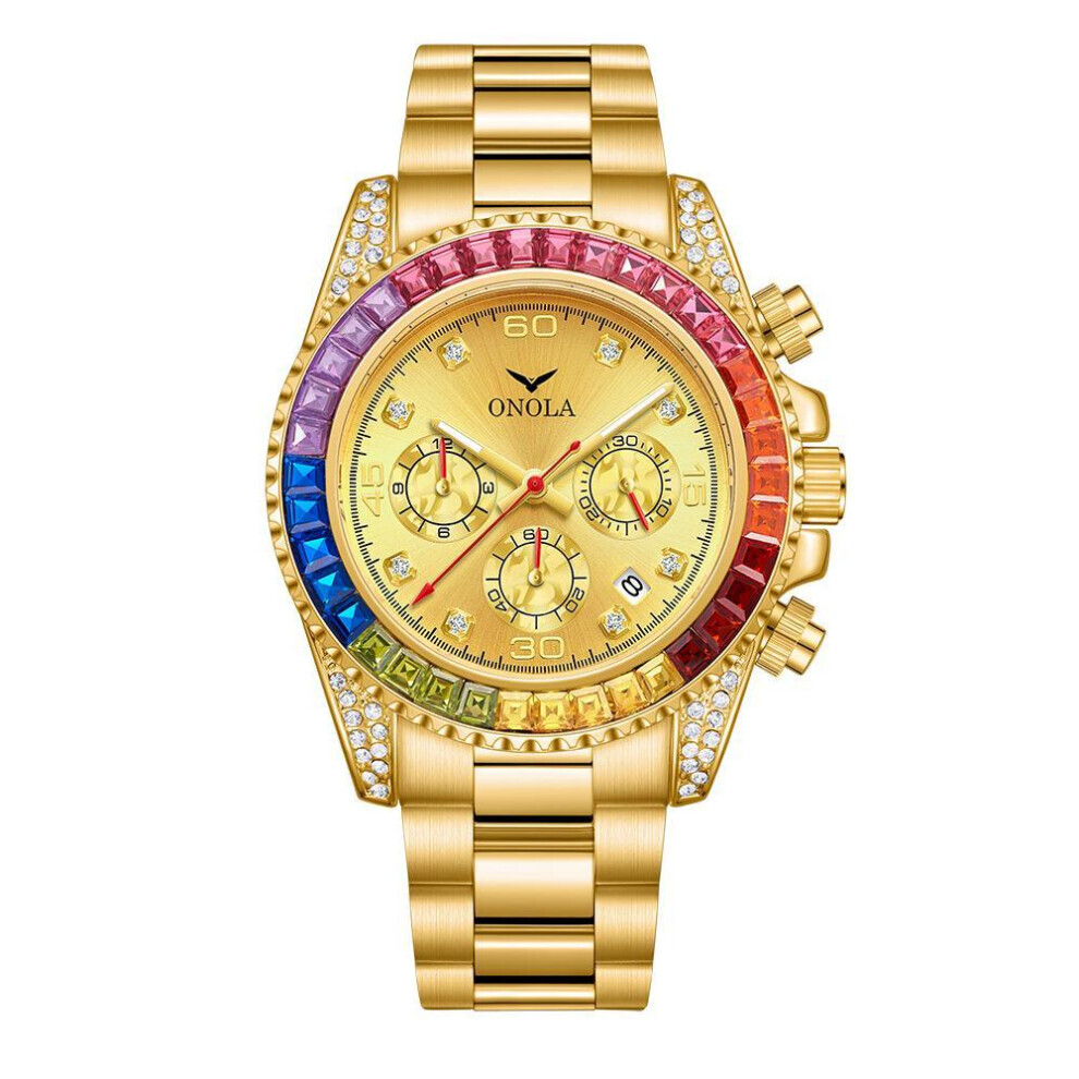 (gold) Fashion Rose Gold Business Men&apos;s Watch Rainbow Diamond Watch Ring Waterproof Solid Stainless Steel Strap Men Quartz Watch Chronograph